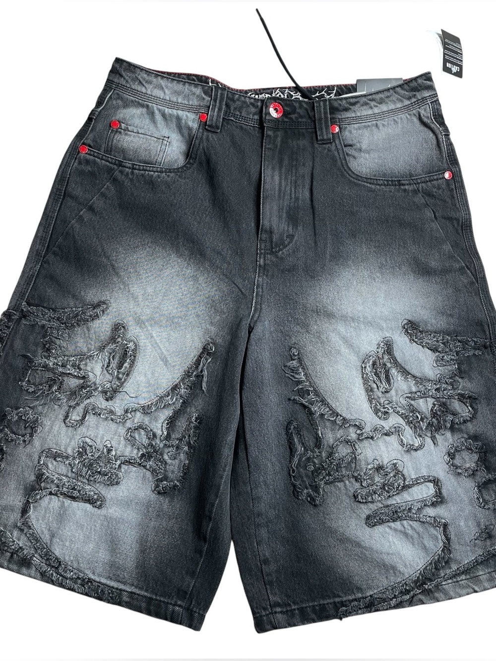 Men's Black Washed Distressed Denim Jean Shorts with Red Accent